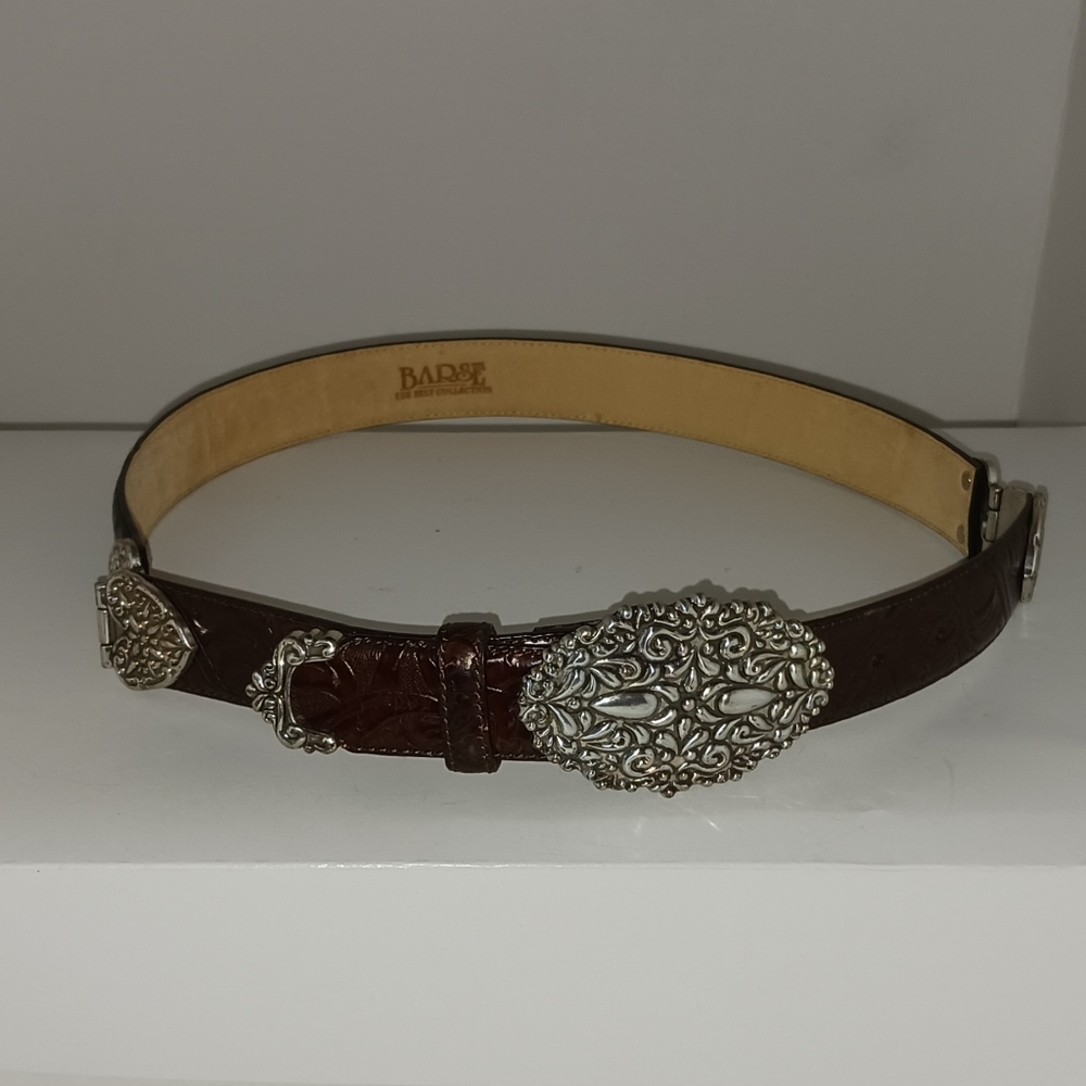 Barse "Charlotte" Black/Brown Tooled Italian Leather Belt,  S - Vintage